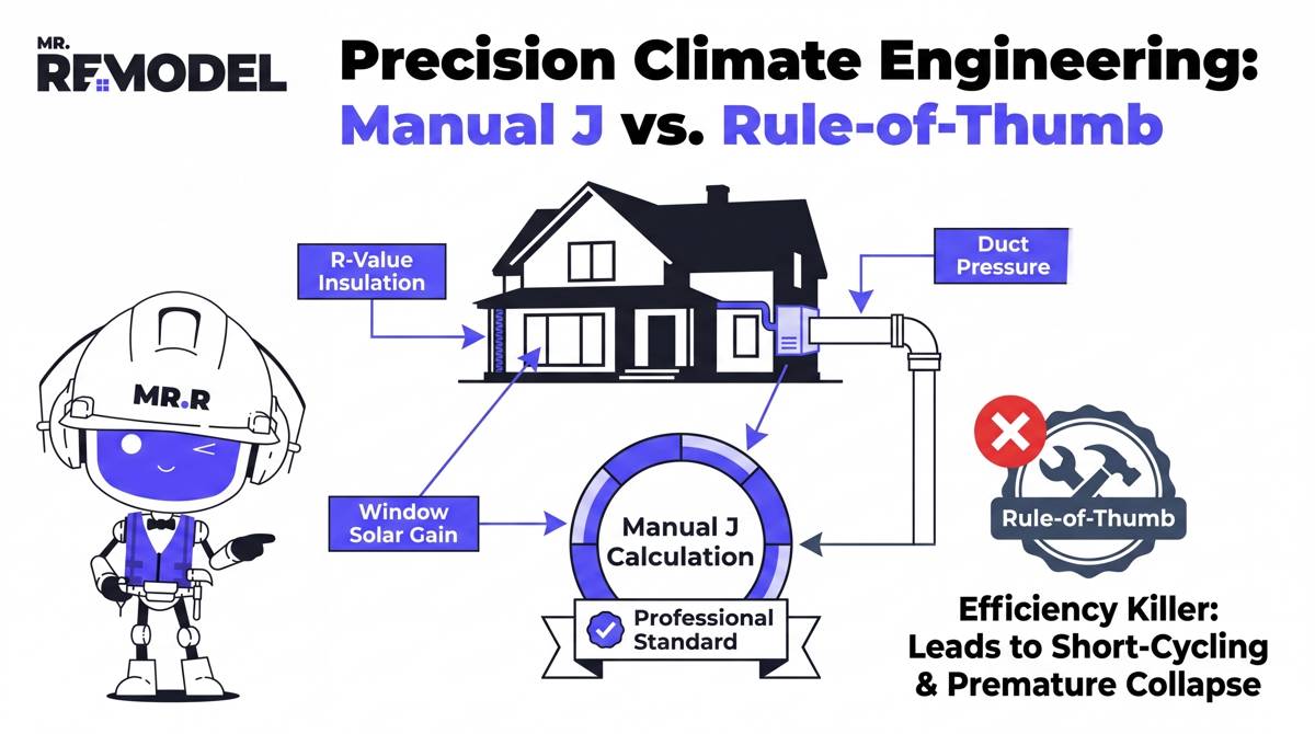A technical illustration of the Manual J Load Calculation. It shows a house silhouette with callout arrows for "Solar Gain (Windows)," "Insulation (R-Values)," and "Duct Pressure." It labels this as the "Professional Standard" vs. an icon of a thumb with a red 'X' labeled "Rule-of-Thumb Sizing (Efficiency Killer)."